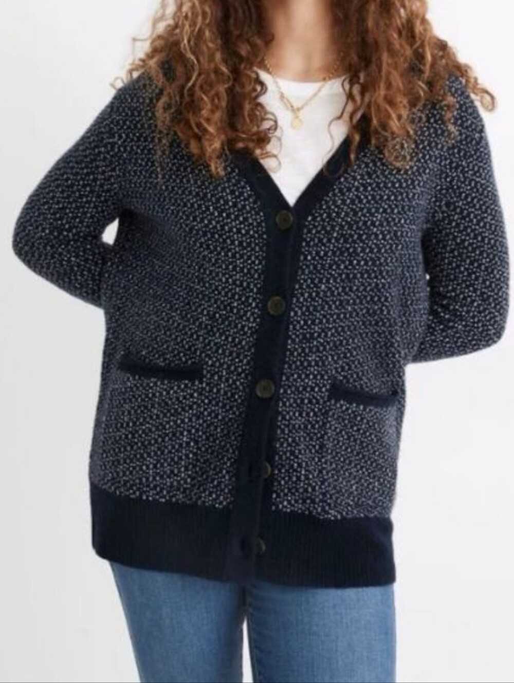 Madewell Bird's Eye Maysfield Cardigan Sweater Navy Blue Coziest Yarn